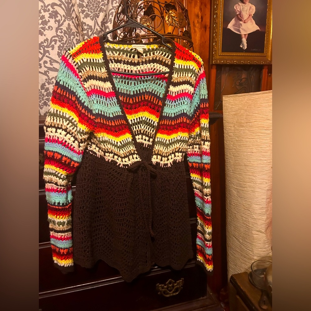 Boston Proper Red and Yellow Striped Cardigan Sweater